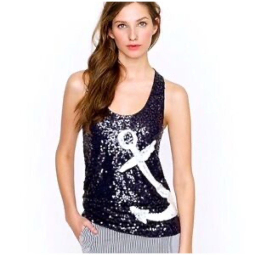 J. Crew Navy Blue‎ & White Sequined Anchor Tank Nautical Scoop Neck Racerback S